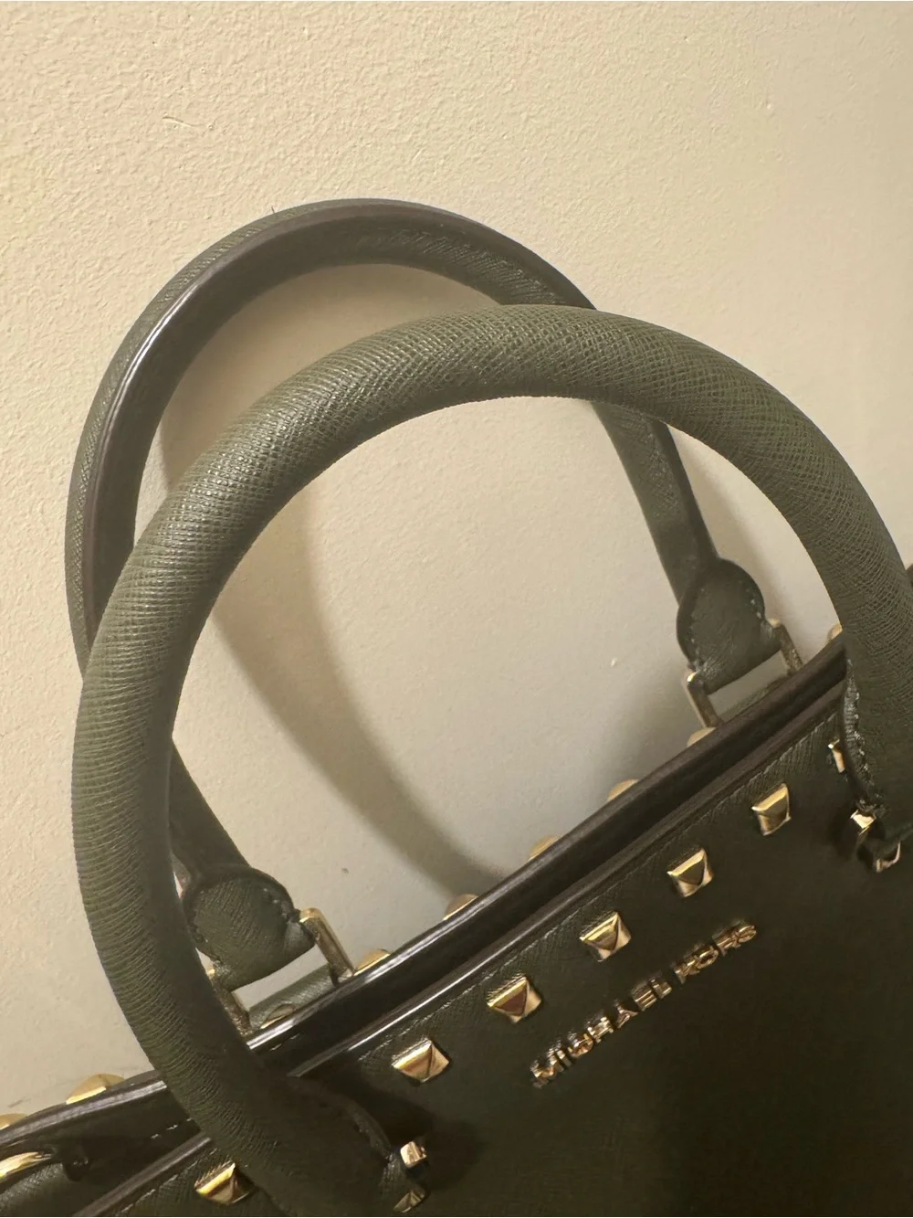 PRE-LOVED Michael Kors Olive Green Large Saffiano Leather Stud Satchel
